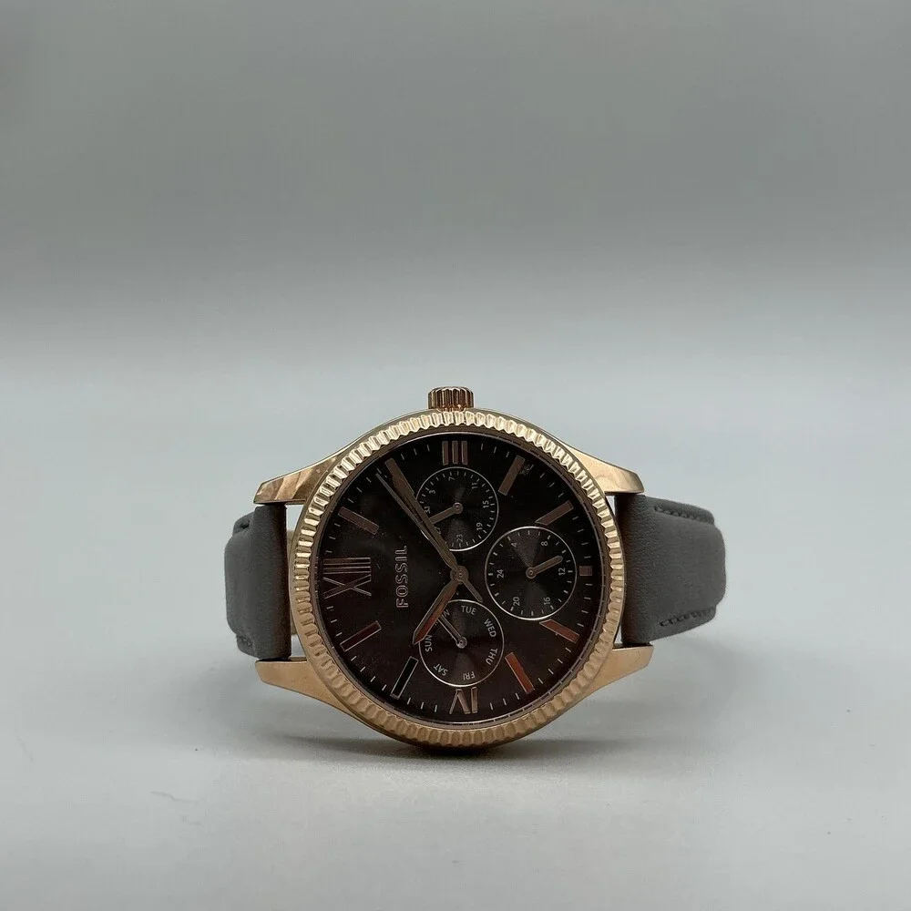 Fossil BQ3764 Womens Watch 35mm Brown Dial Gray Leather Rose Gold Multifunction